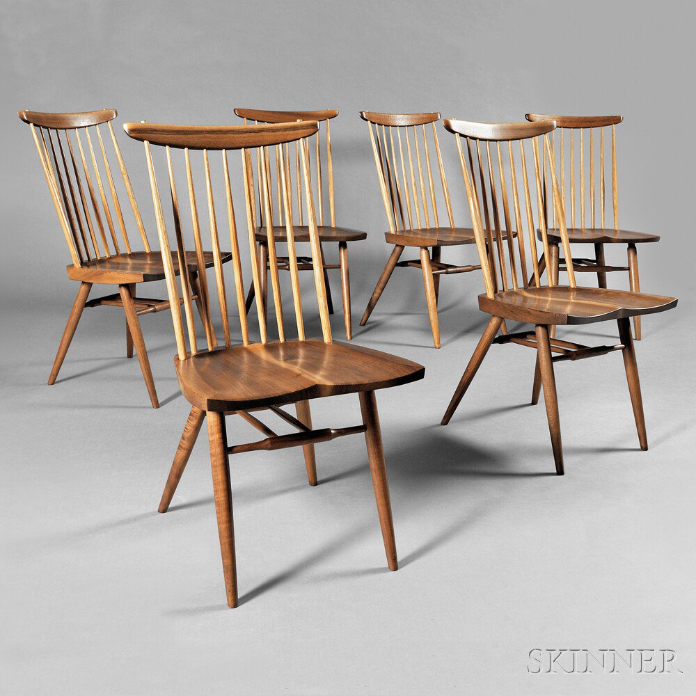 Appraisal: Six George Nakashima - New Chairs American black walnut hickory