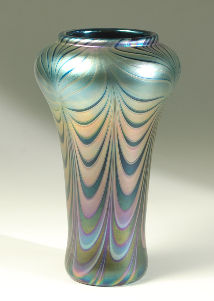 Appraisal: DAVID LOTTON ART GLASS VASE iridescent silver on blue drapery