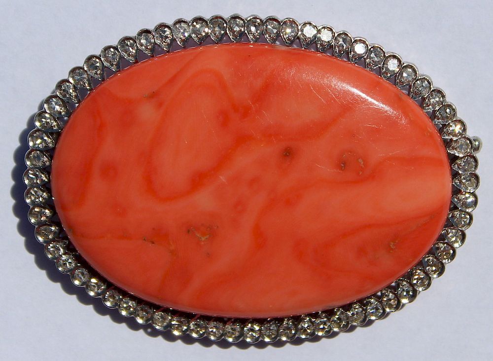 Appraisal: JEWELRY Large Coral Diamond and kt Gold Brooch Exceptional carved