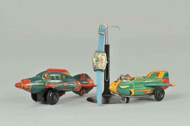 Appraisal: TWO SPACE PLANES AND TOY WATCH Lithographed tin space patrol