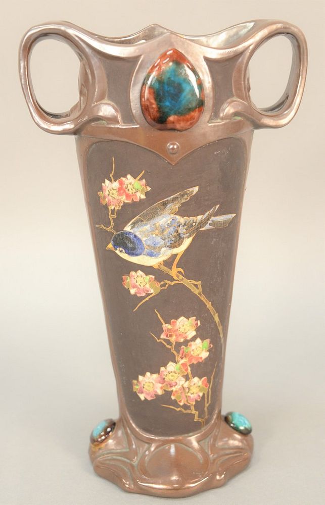 Appraisal: Bretby England jeweled vase having two handles and painted bird