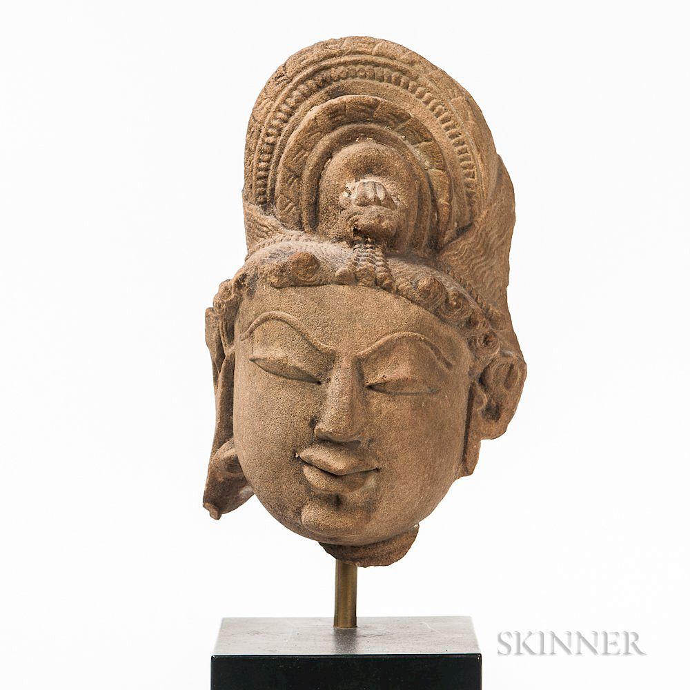 Appraisal: Carved Stone Head Carved Stone Head India depicted with downcast