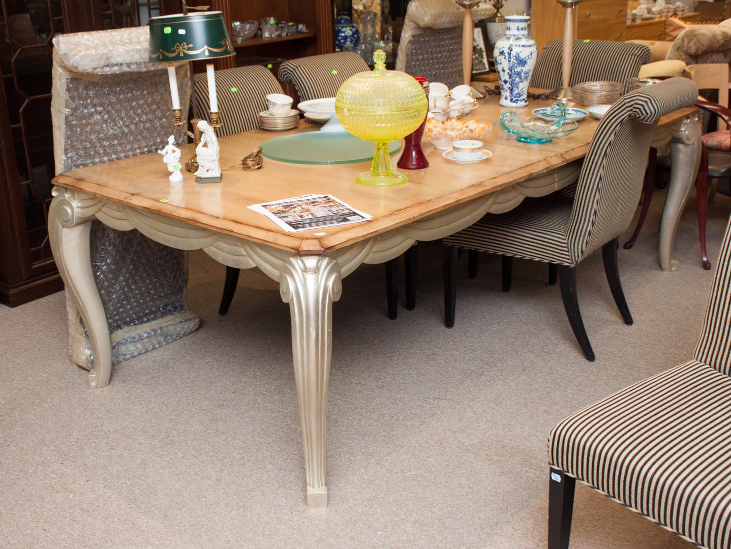 Appraisal: Art Deco style blond wood extension dining table with two