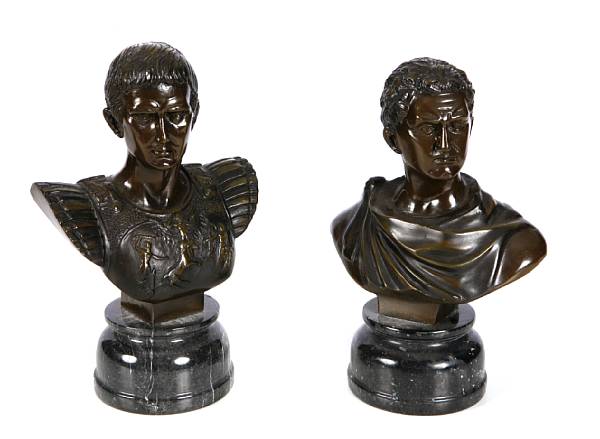 Appraisal: A pair of patinated bronze busts of Caesar and Augustus