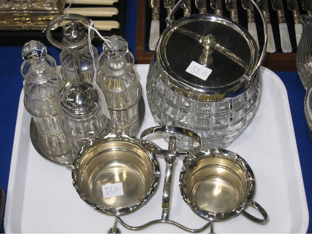 Appraisal: Lot comprising biscuit barrel cruet set and a cream and