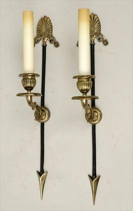 Appraisal: Six Empire-Style Brass and Black Painted Single-Light Wall Sconces in