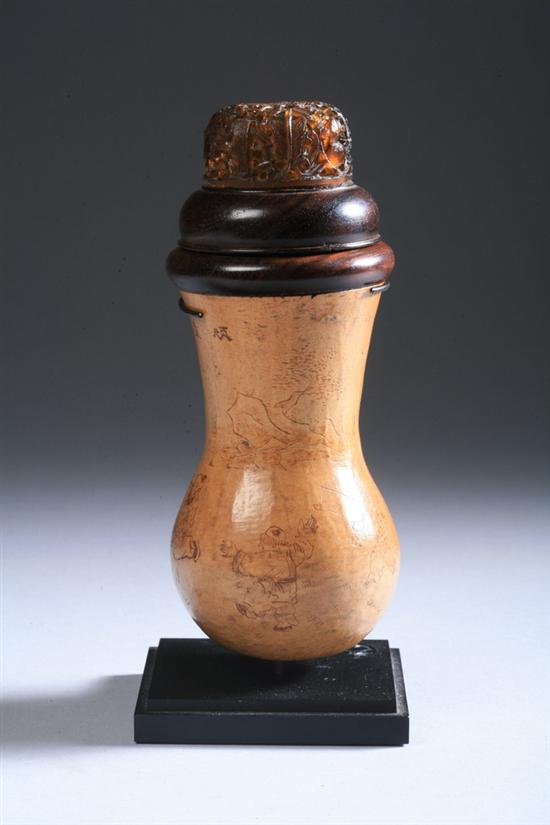 Appraisal: CHINESE GOURD ROSEWOOD AND AMBER CRICKET CAGE Qing Dynasty Incised