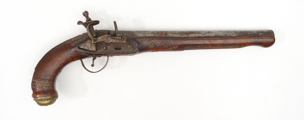 Appraisal: INLAID CONTINENTAL MIQUELET FLINTLOCK PISTOL Carved full stock with inlaid