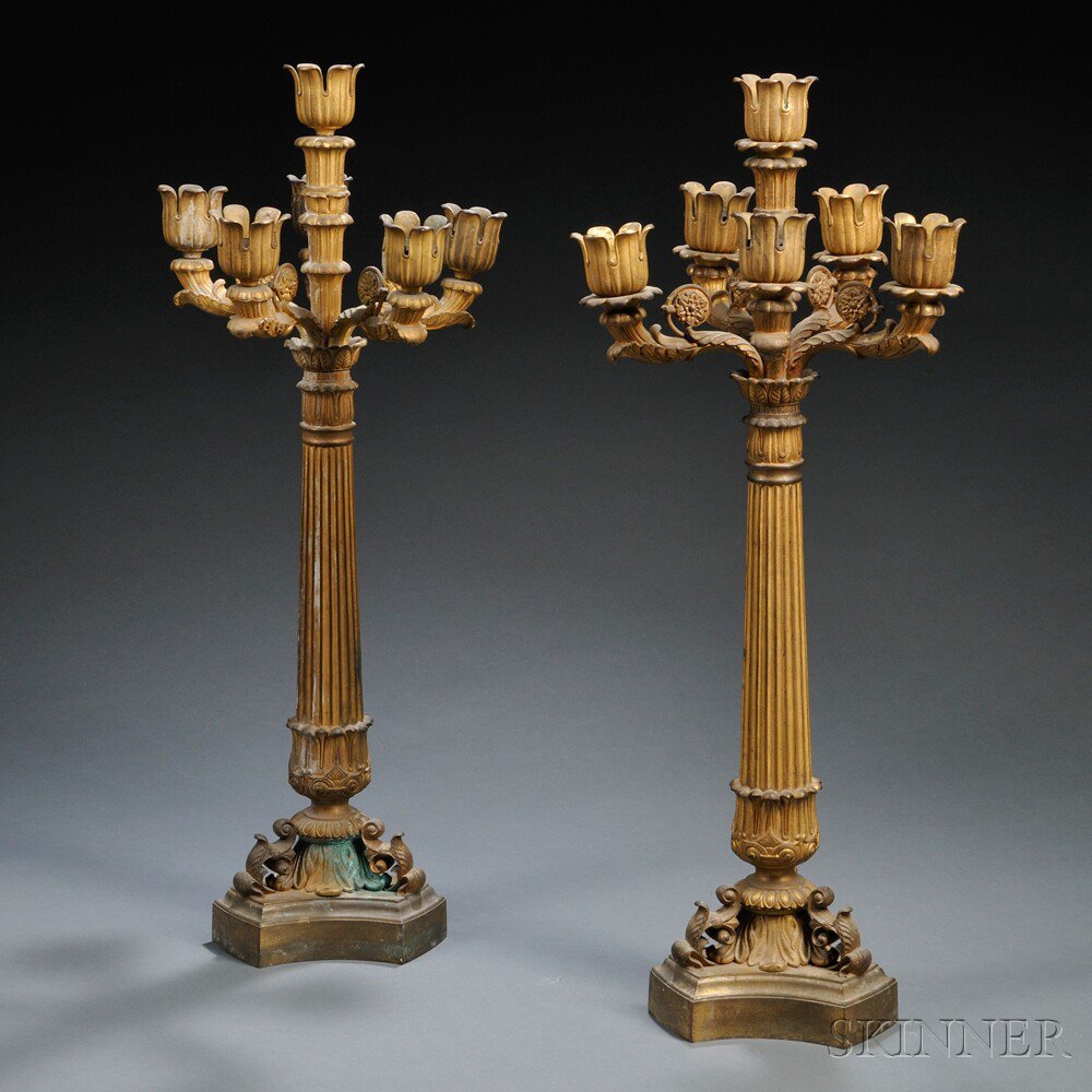 Appraisal: Pair of Charles X-style Six-light Ormolu Candelabra th century electrified