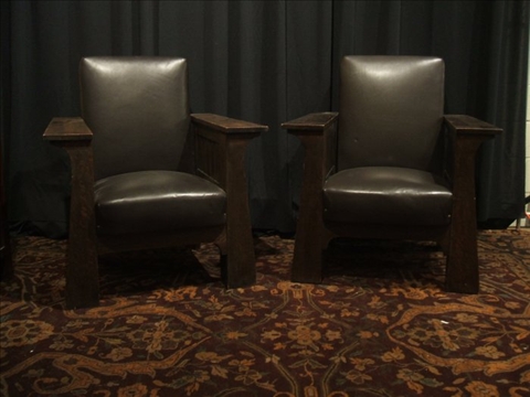 Appraisal: PAIR OF MISSION STYLE STAINED OAK ARMCHAIRS Mid th century