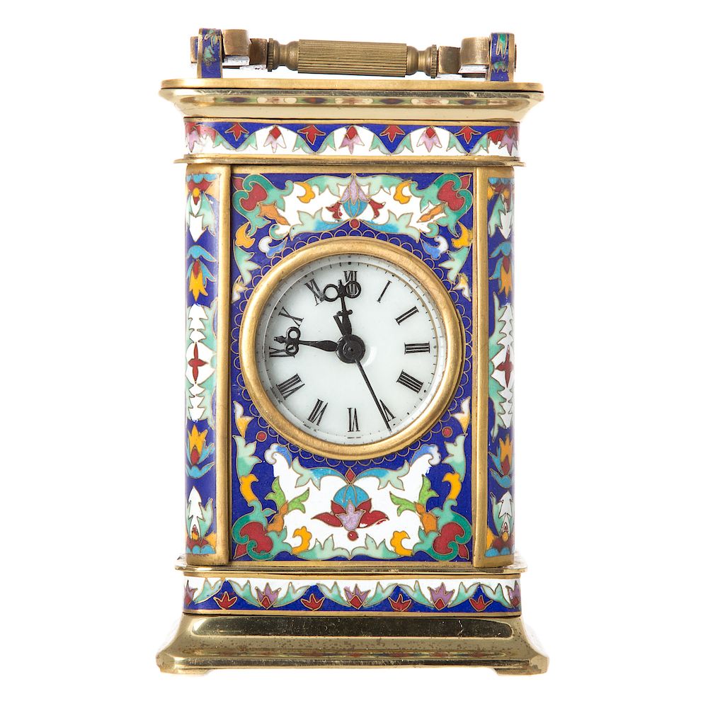 Appraisal: French champleve and porcelain carriage clock th century brass and