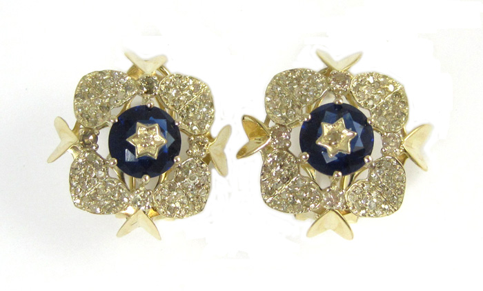 Appraisal: PAIR OF DIAMOND AND BLUE GLASS EARRINGS IN FOURTEEN KARAT