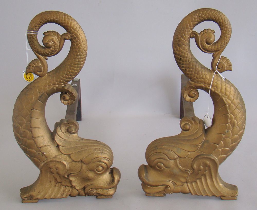 Appraisal: PAIR OF BRADLEY HUBBARD CAST IRON ANDIRONS th CenturyIn dolphin