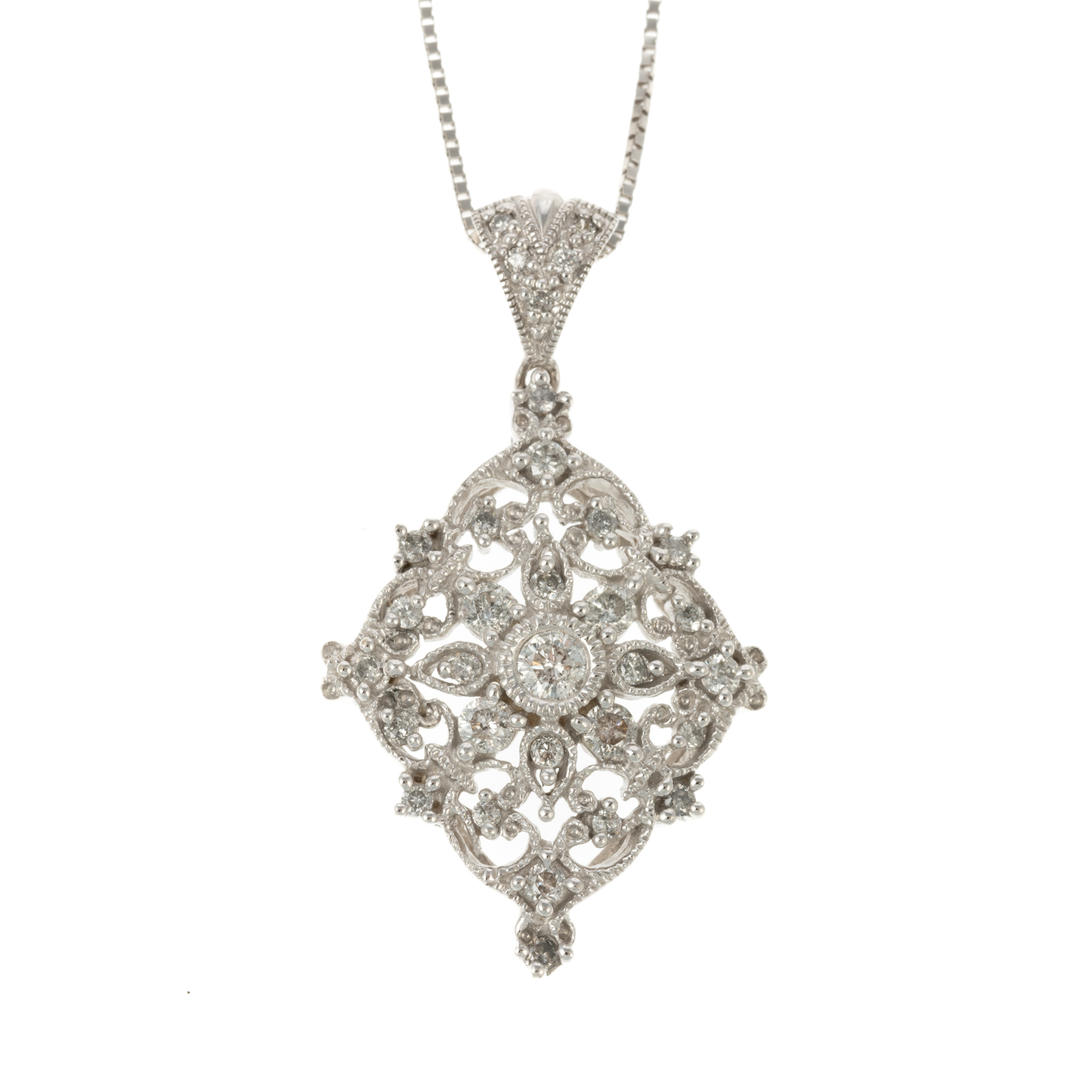 Appraisal: AN ORNATE OPENWORK DIAMOND PENDANT IN K K white gold