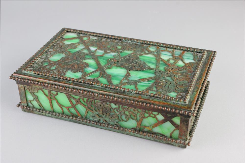 Appraisal: TIFFANY STUDIOS BRONZE AND FAVRILE GLASS GRAPEVINE PATTERN BOX stamped