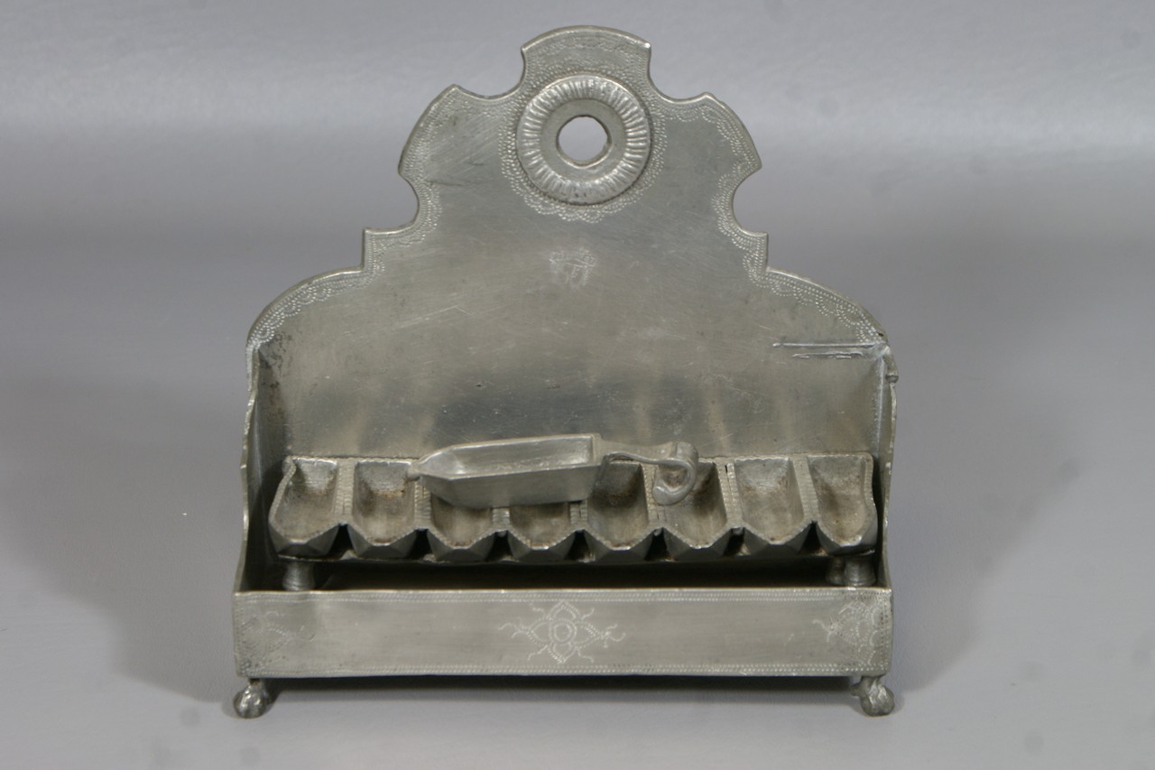 Appraisal: th c pewter menorah or Chanukah lamp h w with