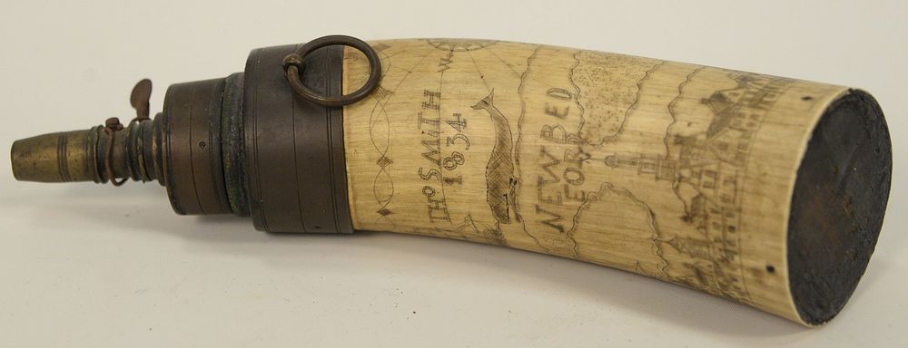 Appraisal: Scrimshaw Powder Horn Thomas Smith New Bedford depicting whaling ships