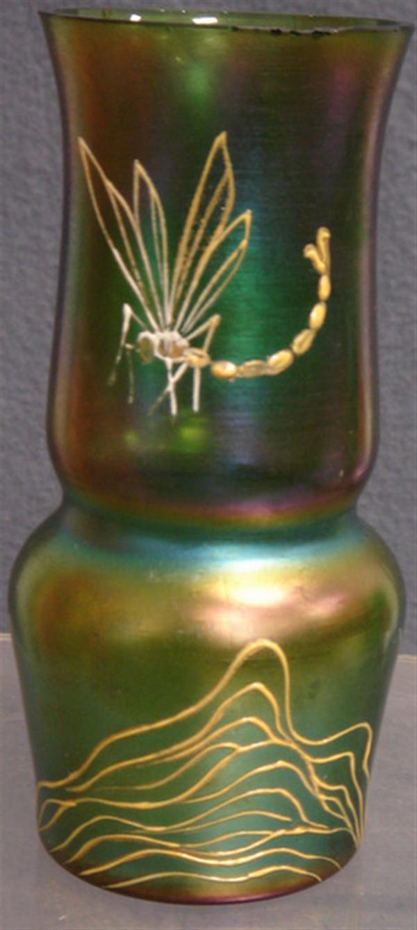 Appraisal: Loetz type art glass vase enameled dragonfly decoration h shallow