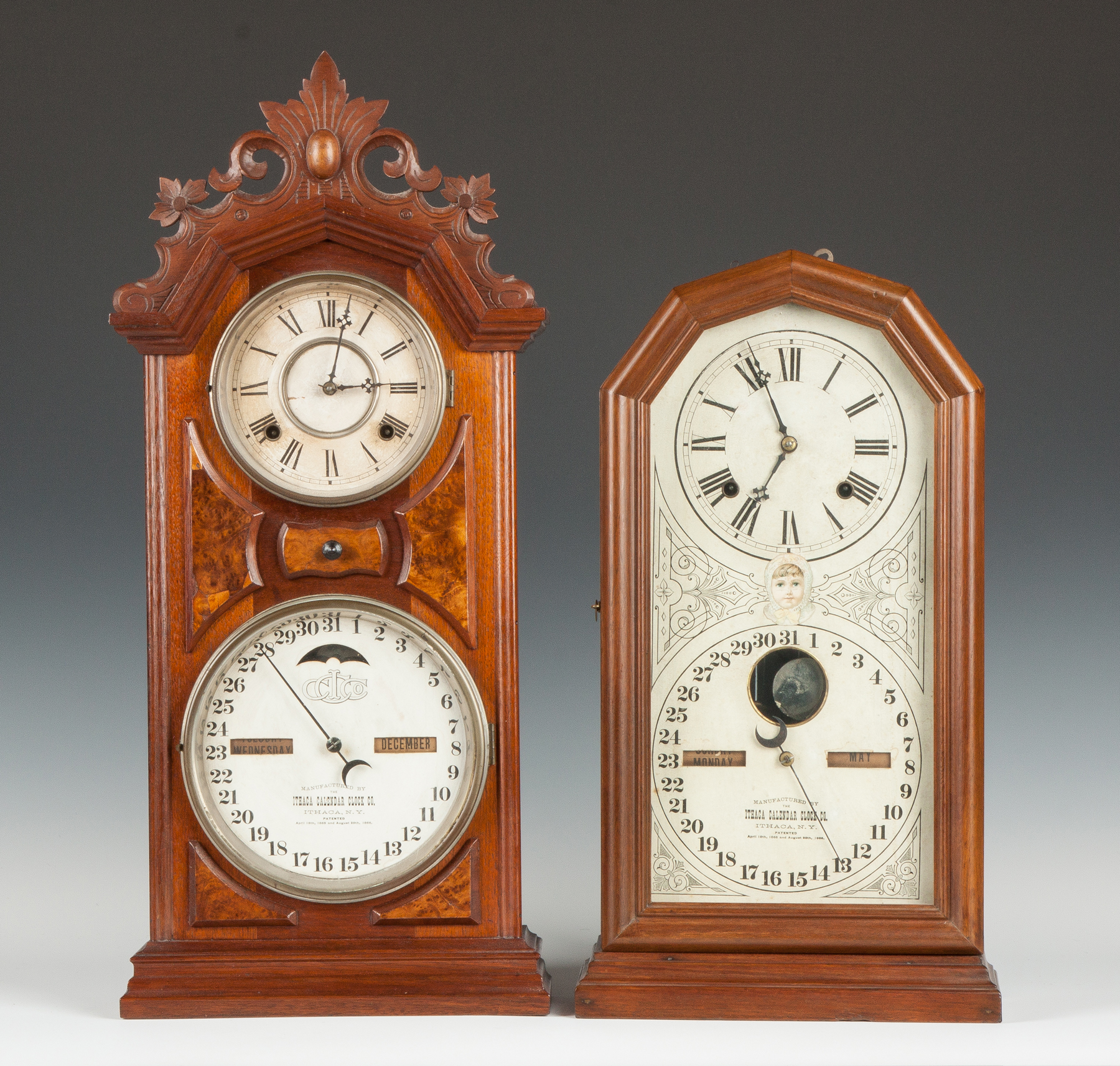 Appraisal: Ithaca Calendar Clock Walnut case old finish Original paper dials