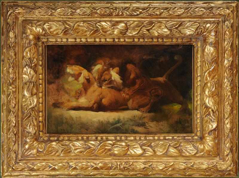 Appraisal: FRENCH SCHOOL LIONS Oil on canvas monogrammed upper left and