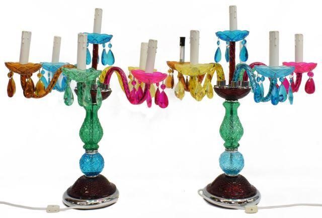 Appraisal: pair Multi-color six-light crystal candelabras th c center light with