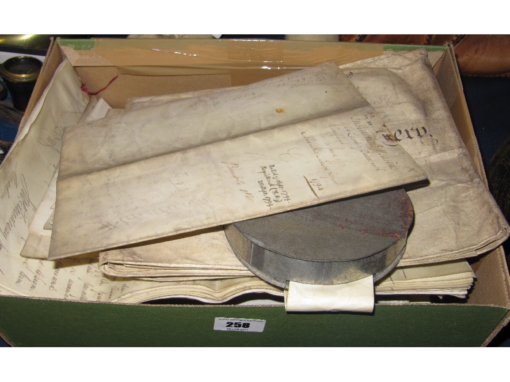 Appraisal: Box of vellum documents and a seal