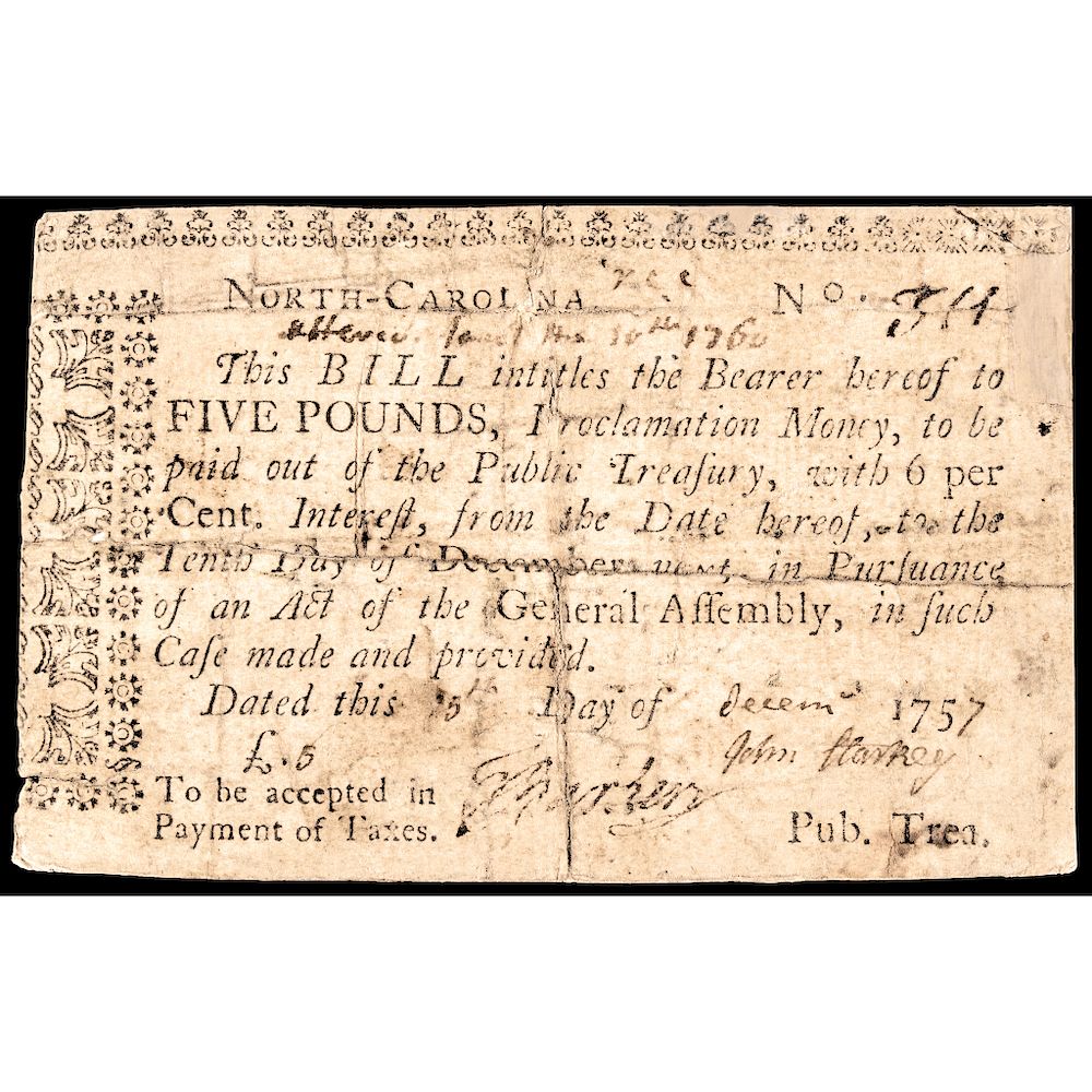 Appraisal: Colonial Currency North Carolina November Act Handwritten Date Rarity North