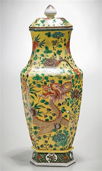 Appraisal: Tall Chinese enameled porcelain hexagonal covered vase depicting dragons and