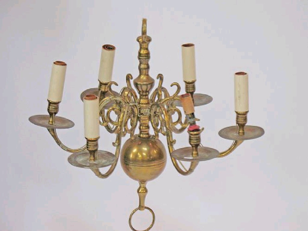 Appraisal: A DUTCH STYLE BRASS SIX BRANCH CHANDELIER of th century