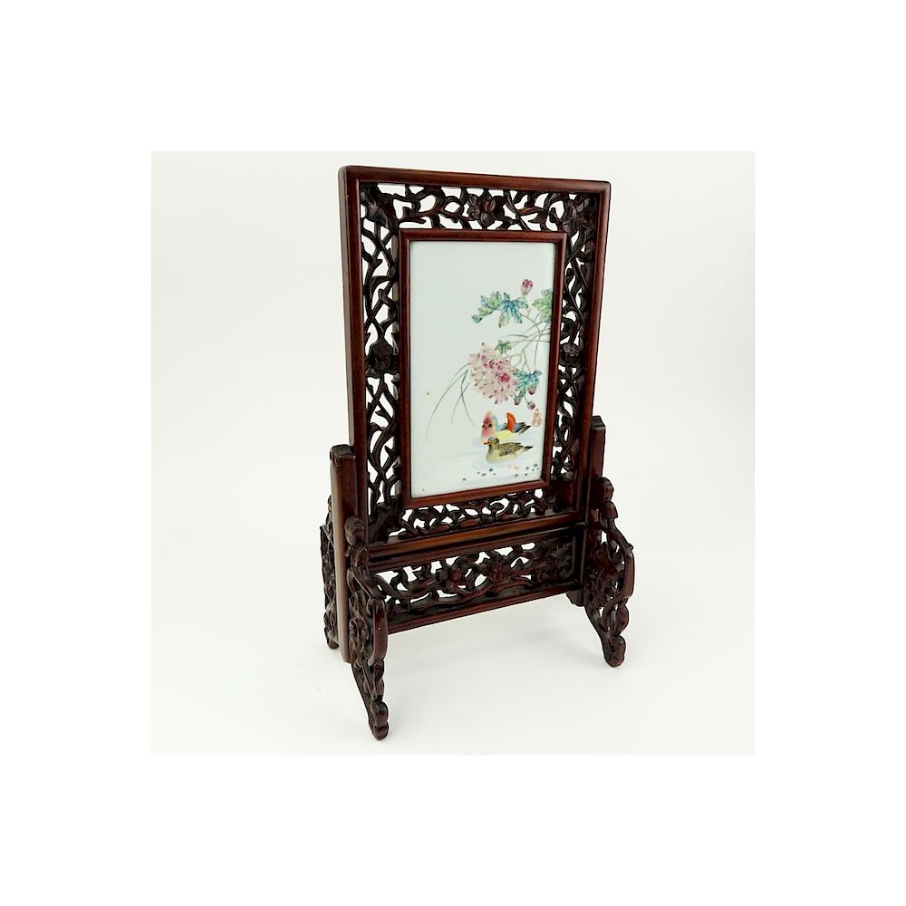 Appraisal: Chinese Table Screen th Century Chinese Hand Painted Porcelain Plaque