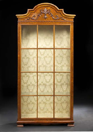 Appraisal: Continental Walnut and Burlwood Vitrine late th century the molded