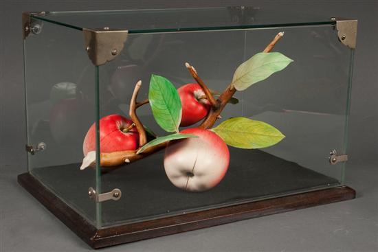 Appraisal: Japanese carved and polychromed ivory apple branch with fruit and