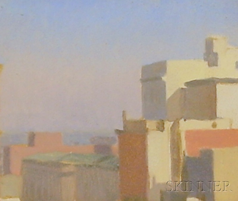 Appraisal: American School th Century Rooftop Skyline at Dusk Unsigned oil