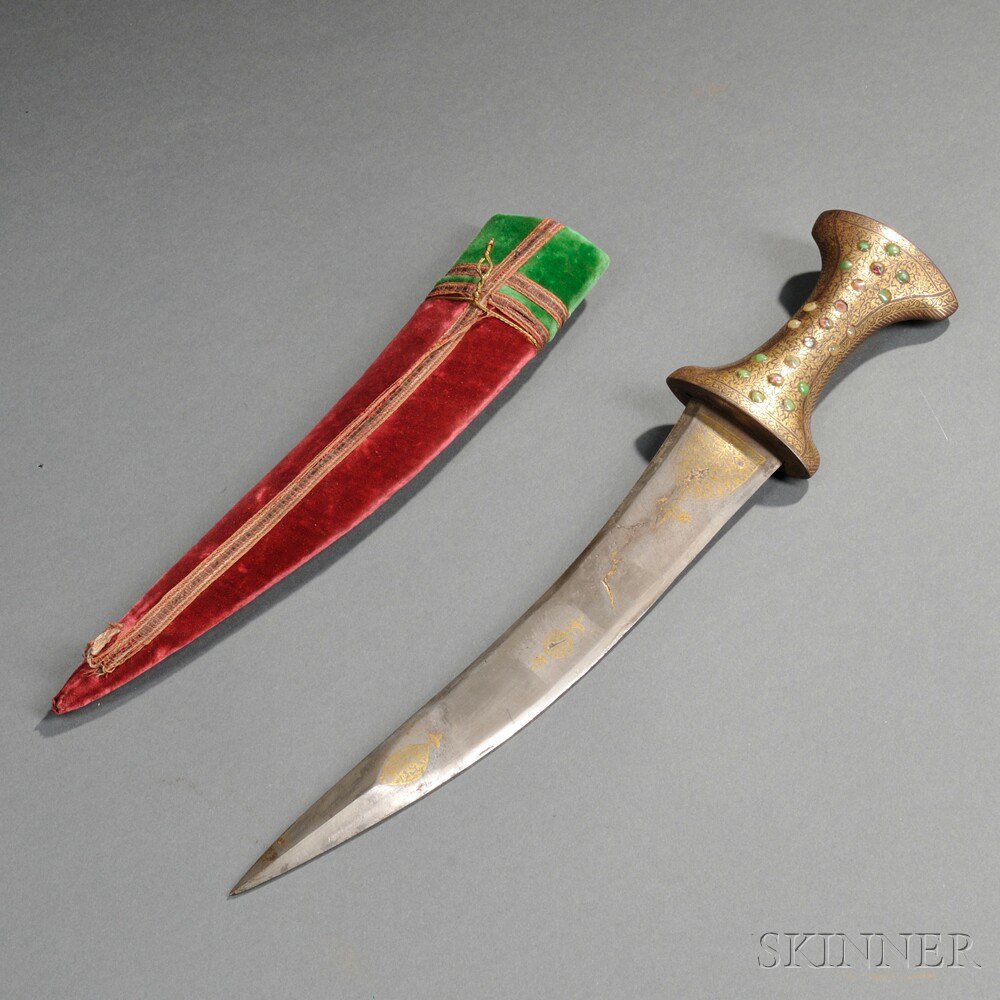 Appraisal: Mughal-style Dagger c th century gold inlaid hilt with inset