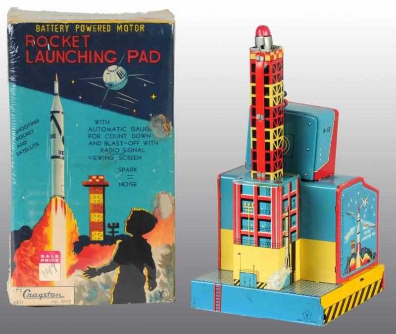 Appraisal: Tin Rocket Launching Pad Battery-Operated Toy Description Japanese Working Made