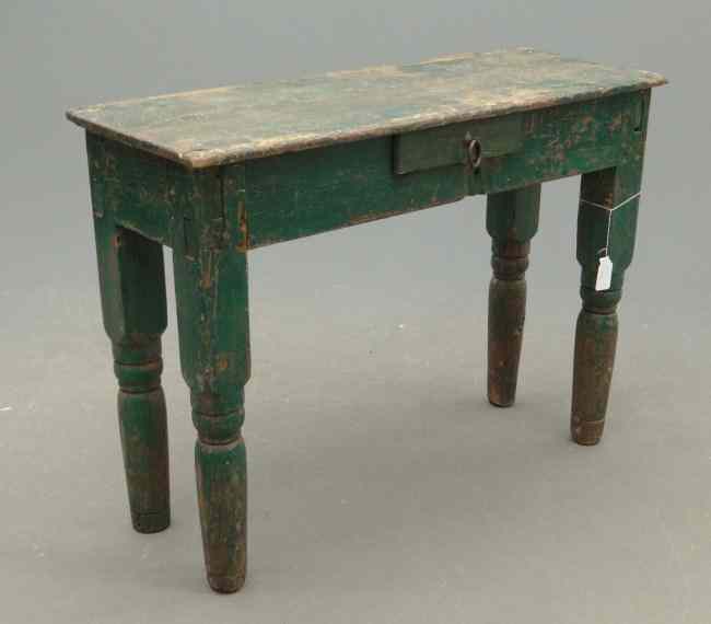 Appraisal: Primitive single drawer table in old green paint Top ''