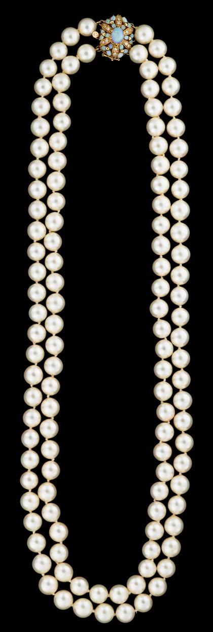 Appraisal: karat yellow gold opal and diamond two strand pearl necklaceApproximately