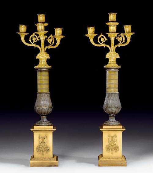 Appraisal: PAIR OF GILT BRONZE CANDELABRAS Restauration Paris circa The shafts