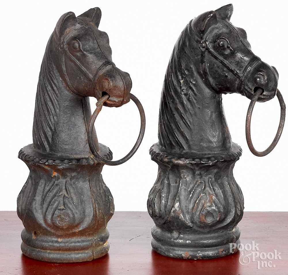 Appraisal: Pair of cast iron horsehead hitching post finials Pair of