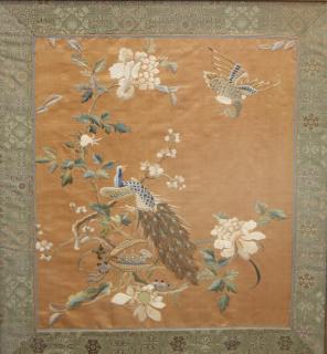 Appraisal: Chinese Silk Depicting a peacock on a flowering camellia branch