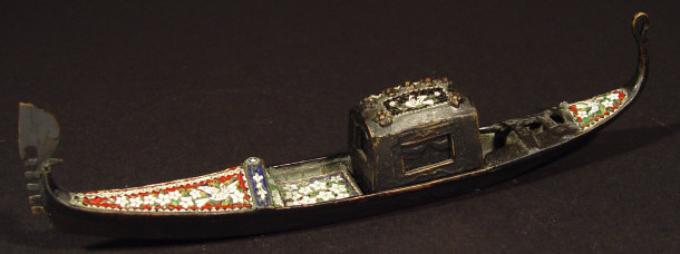 Appraisal: Bronze Italian gondola inkwell profusely decorated with micro-mosaic flowers and