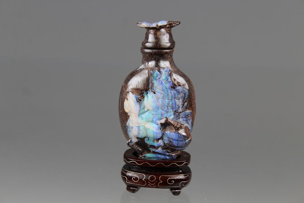 Appraisal: Chinese Opal Carved Snuff Bottle on Stand Chinese Opal Carved