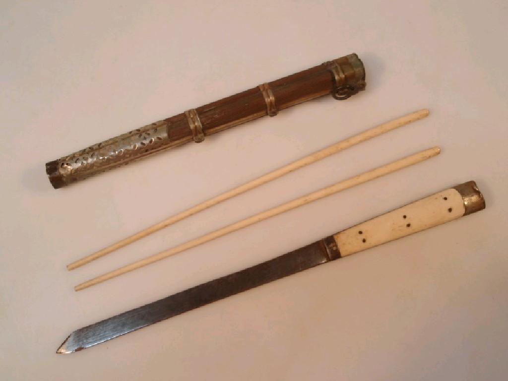 Appraisal: Oriental long blade steel knife with bone handle and two