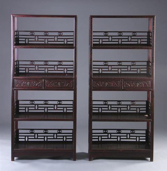 Appraisal: PAIR CHINESE LACQUERED ELMWOOD BOOKSHELVES - in x in x