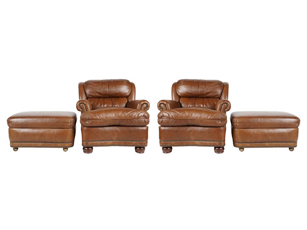 Appraisal: HANCOCK MOORE AUSTIN CHAIRS OTTOMANSin Old English Mushroom leather the