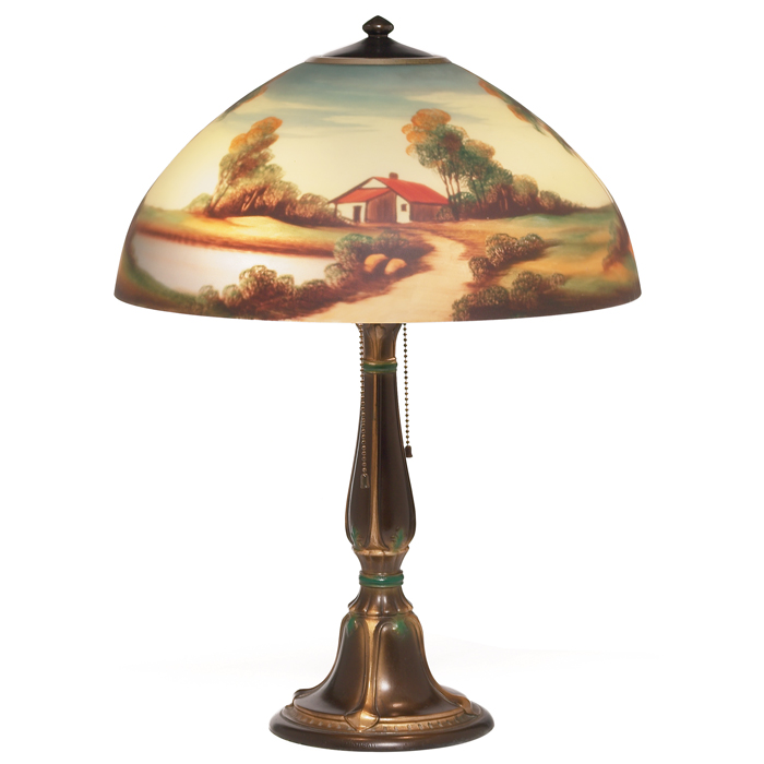 Appraisal: Jefferson lamp reverse painted shadewith a landscape scene supported by