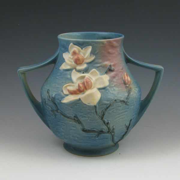 Appraisal: Roseville Magnolia handled vase in blue Marked Roseville USA -