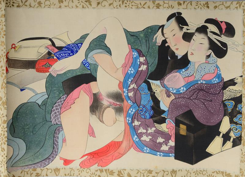 Appraisal: JAPANESE SCHOOL EROTIC HAND SCROLL Depicting twelve different scenes watercolor