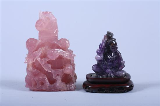 Appraisal: CHINESE ROSE QUARTZ VASE AND AMETHYST FIGURE OF MEIREN -