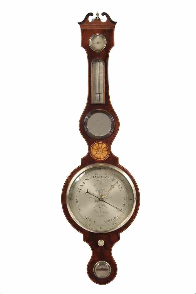 Appraisal: ENGLISH BANJO BAROMETER - Inlaid Mahogany Cased Banjo Barometer circa